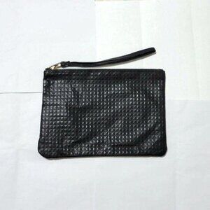 Black Zippered Wristlet Pouch With A Grid Pattern Design
